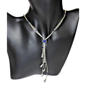 Vintage Sterling Silver Heishi Multi-Strand Necklace w/ Lapis Accent & Waterfall